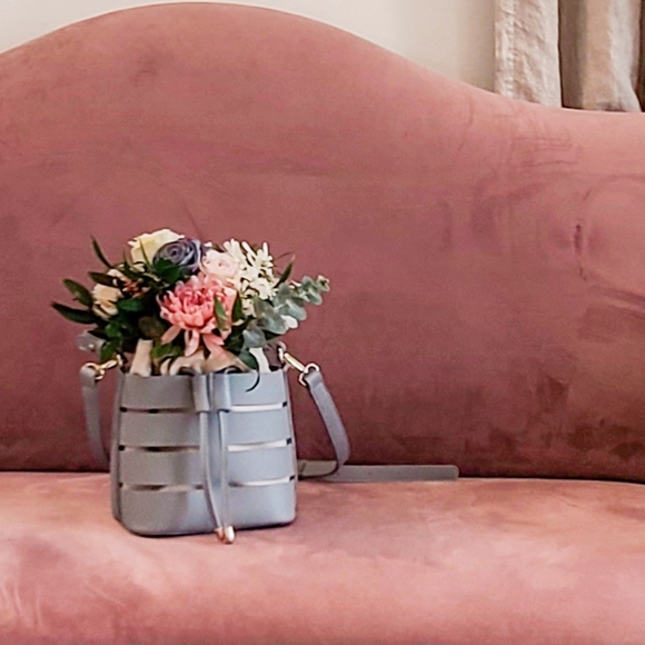 Dusty Blue Bucket Bag with Canvas Liner and Drawstring - Picture 3 of 4